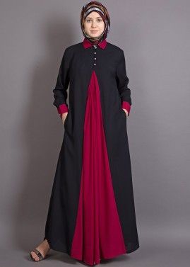 Black and Maroon Contrast Yoke Readymade Abaya