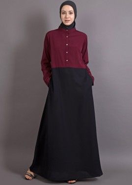 Maroon and Black Buttoned Up Readymade Abaya