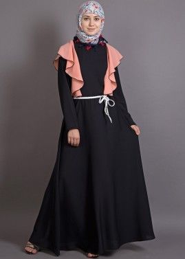 Black and Peach Frilled Pattern Readymade Abaya