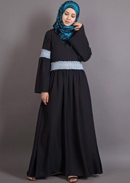 Black Readymade Crochet Lace Crape Abaya