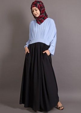 Blue and Black Pleated Design Readymade Abaya