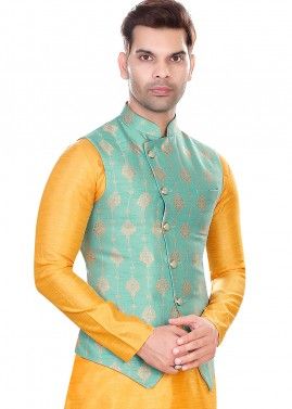 Blue Readymade Woven Nehru Jacket In Jacquard