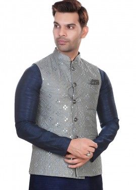 Grey Readymade Art Silk Embellished Nehru Jacket 