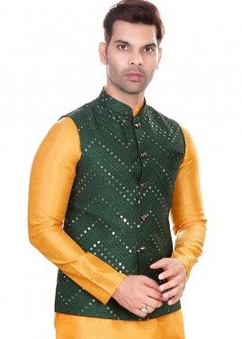 Green Readymade Art Silk Nehru Jacket In Mirror Work
