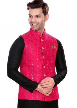 Pink Readymade Art Silk Embellished Nehru Jacket 