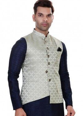 Grey Readymade Jacquard Woven Nehru Jacket 