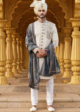 Cream Mens Embroidered Sherwani Set With Stole