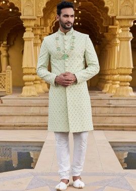 Green Embroidered Mens Sherwani Set In Georgette