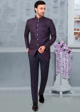 Blue Mens Woven Asymmetric Bandhgala Jodhpuri Suit
