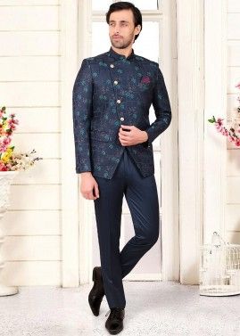 Navy Blue Woven Bandhgala Jodhpuri Suit For Men