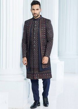 Blue Readymade Velvet Jacket Style Mens Sherwani In Thread Embroidery
