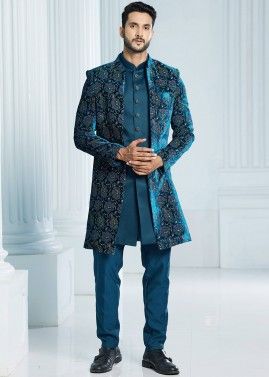 Blue Readymade Velvet Jacket Style Mens Sherwani In Woven Work