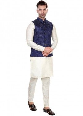 White Readymade Nehru Jacket Style Kurta Pajama In Jacquard 