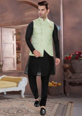 Black Readymade Jacquard Nehru Jacket Style Kurta Pajama 