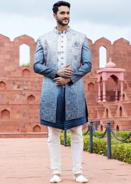 Shaded Blue Embroidered Jacket Style Indo Western Sherwani