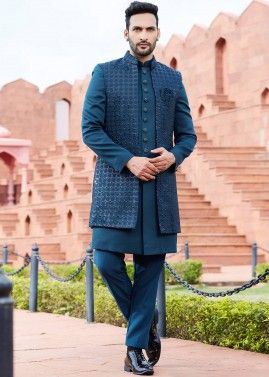 Teal Green Embroidered Jacket Style Indo Western Sherwani