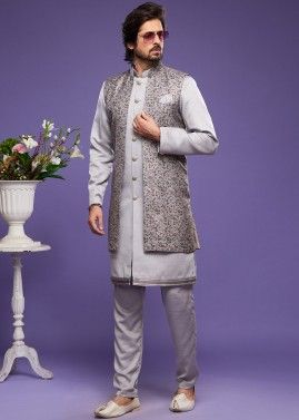 Grey Printed Readymade Kurta Pajama & Long Jacket In Art Silk