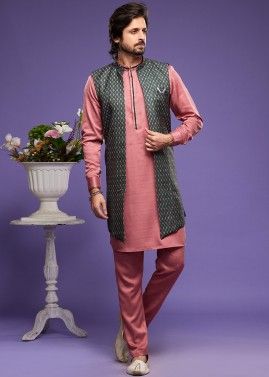 Pink Readymade Art Silk Kurta Pajama & Long Jacket In Print