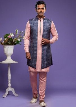 Pink Readymade Art Silk Long Jacket & Kurta Pajama