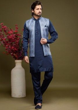 Blue Readymade Art Silk Printed Nehru Jacket & Kurta Pajama 