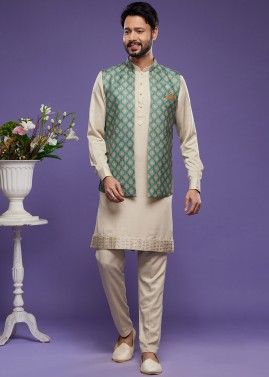 Beige Readymade Art Silk Printed Nehru Jacket & Kurta Pajama 
