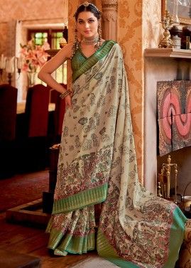 Cream & Green Silk Saree In Traditional Print