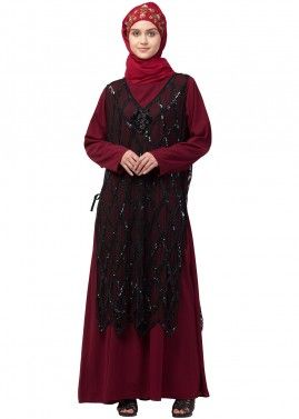 Readymade Maroon Twin Layered Embroidered Abaya