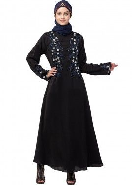 Readymade Black Embroidered Abaya In Nida