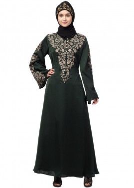 Green Readymade Abaya With Resham Embroidery