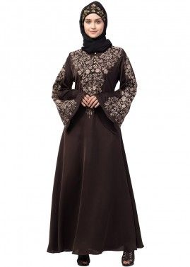 Brown Resham Embroidered Readymade Abaya