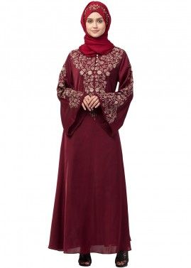 Maroon Resham Embroidered Readymade Abaya