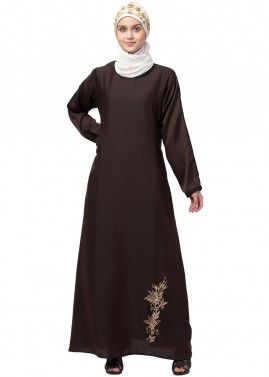 Brown Embroidered Readymade Abaya In Nida