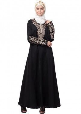 Black Embroidered Readymade Abaya With Pockets