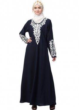 Blue Readymade Embroidered Abaya In Nida