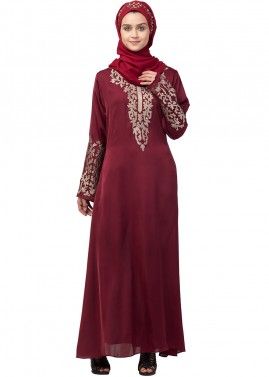 Maroon Readymade Embroidered Abaya In Nida