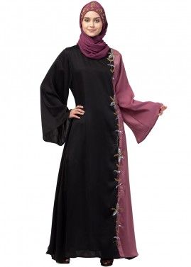 Readymade Black And Pink Hand Work Abaya