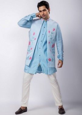 Blue Pinktucks Kurta Pajama & Nehru Jacket
