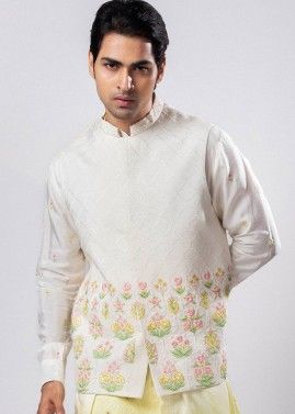 Cream Embroidered Nehru Jacket In Linen