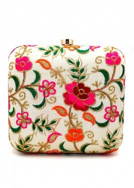 Floral Embroidered Off White Art Silk Clutch