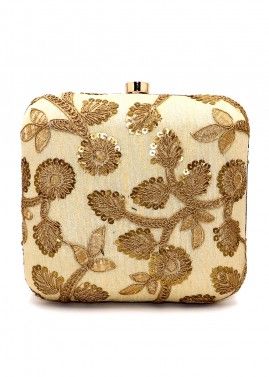 Golden Embroidered Art Silk Square Box Clutch