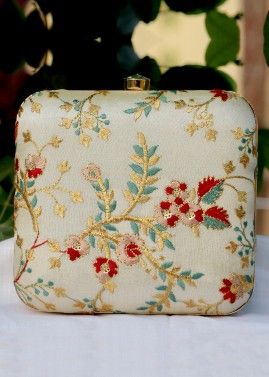 Floral Embroidered Off White Square Box Clutch