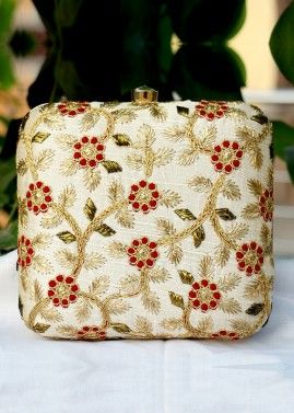 Floral Embroidered Cream Square Box Clutch