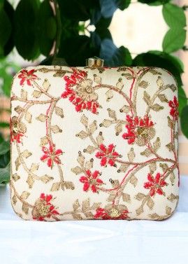 Embroidered Cream Art Silk Square Box Clutch