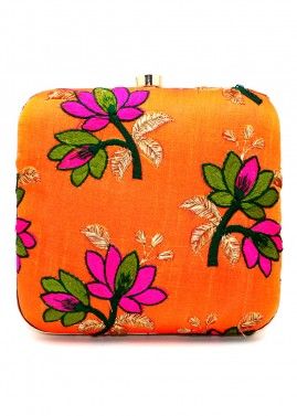 Floral Embroidered Orange Art Silk Clutch