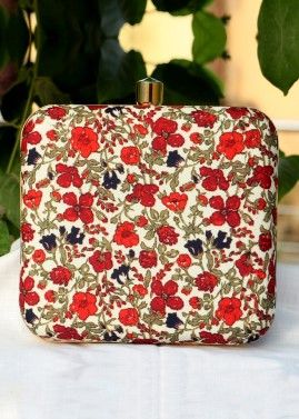Floral Printed Off White Art Silk Square Clutch