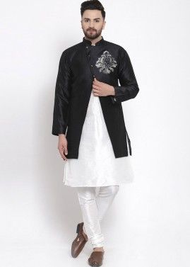 White Kurta Churidar With Embroidered Jacket