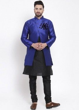 Black Kurta Pajama & Embroidered Blue Jacket