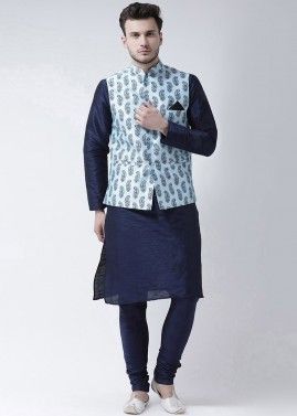 Blue Mens Dupion Silk Nehru Jacket & Kurta Pajama 