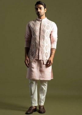 Pink Embroidered Kurta Pant & Nehru Jacket