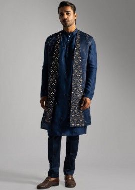 Blue Silk Kurta Pajama & Embroidered Jacket